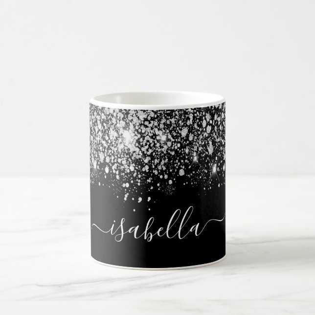 Schwarz-Silber-Glitzer-Namensschild Kaffeetasse (Mittel)