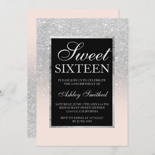 Schwarz silber Glitzer pink elegant schick Sweet 1 Einladung (Vorne/Hinten)