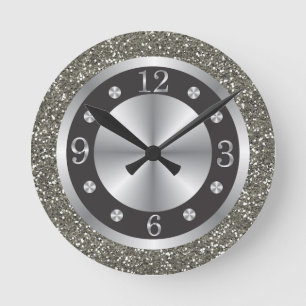 Schwarz-Silber-Glitzer   Runde Wanduhr