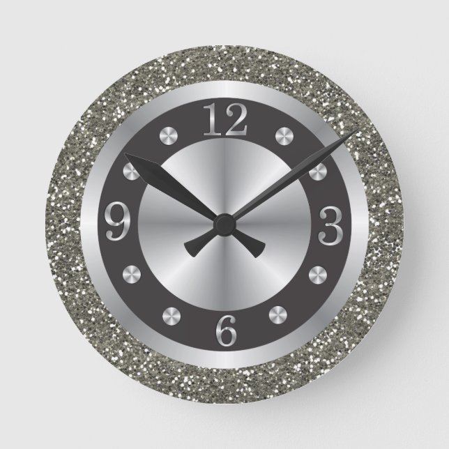 Schwarz-Silber-Glitzer   Runde Wanduhr (Vorderseite)