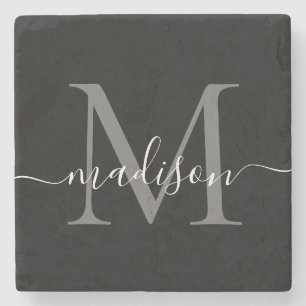 Schwarz-Silber-Grau-Monogramm-Femininskriptname Steinuntersetzer