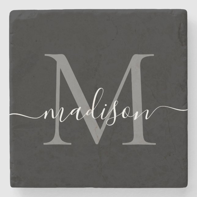 Schwarz-Silber-Grau-Monogramm-Femininskriptname Steinuntersetzer (Vorderseite)