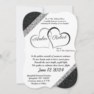 Schwarz-Silber-Hochzeit-Einladung mit Herzgedicht Save The Date