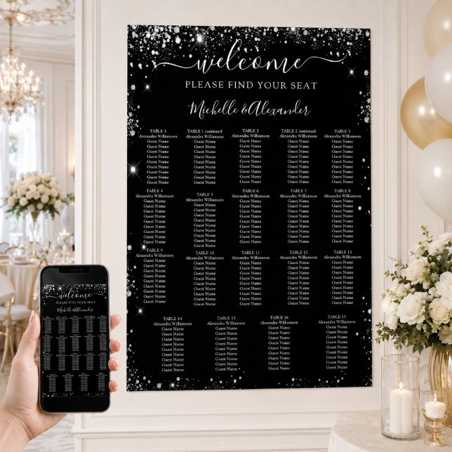 Schwarz-Silber-Hochzeitskarte 19 Tische Poster (Von Creator hochgeladen)