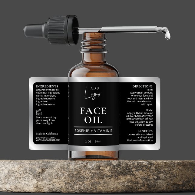 Schwarz-Silber-Kosmetikflasche (Elegant black and silver 2 OZ dropper bottle *verify size* wrapper style label with your custom logo)