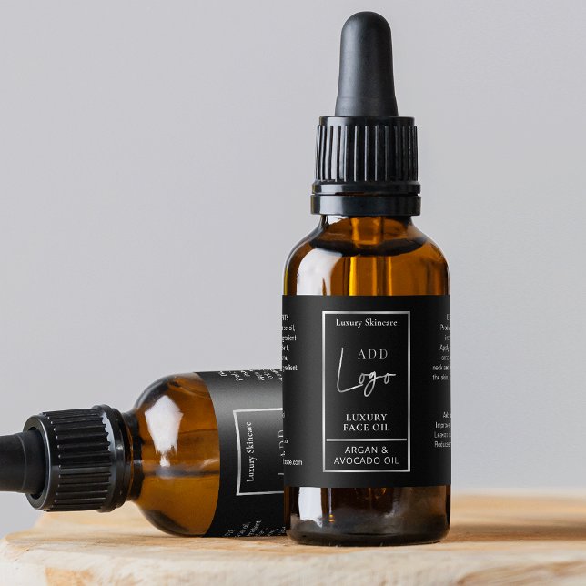 Schwarz-Silber-Logo 1 OZ-Öltropfer-Flaschenetikett Adressaufkleber (Elegant black and silver 1 OZ cosmetic bottle wraparound label *verify size*)