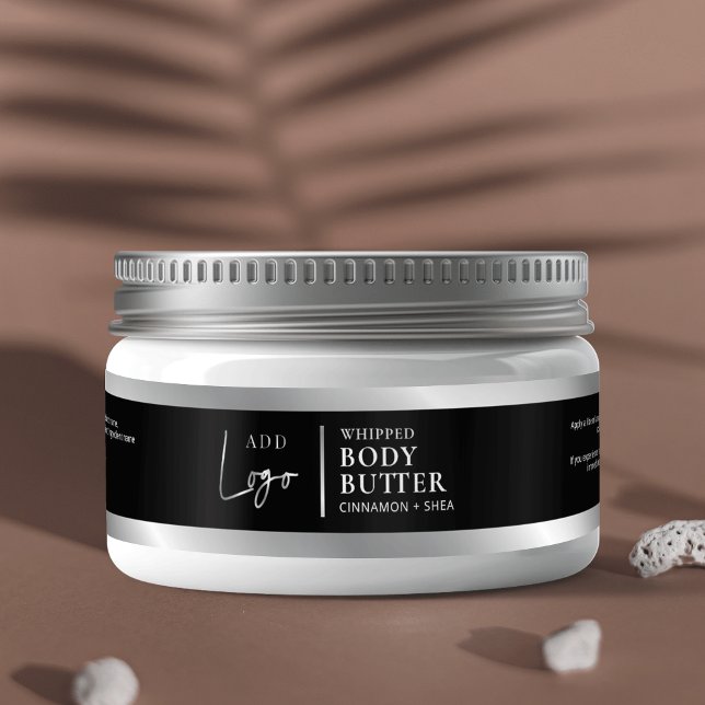 Schwarz-Silber-Logo 4 OZ 120ml-Kosmetikstempel (Modern black and faux silver effect cosmetic jar wraparound label)