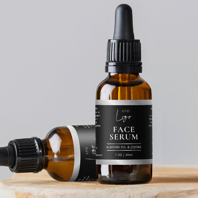 Schwarz-Silber-Logo-Chic 1 OZ Dropper-Flaschenetik Adressaufkleber (Modern black and silver logo 1 OZ dropper bottle wraparound label *verify size*)