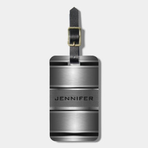 Schwarz-Silber-Metallfloral-Damasken, Monogramm 2b Gepäckanhänger