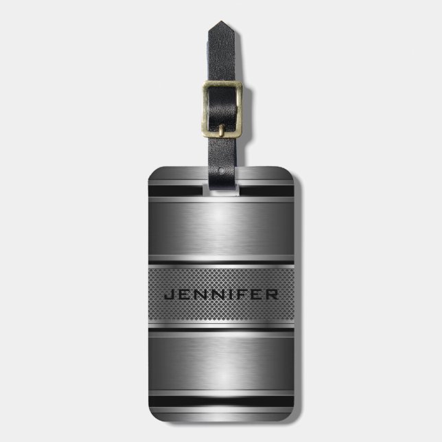 Schwarz-Silber-Metallfloral-Damasken, Monogramm 2b Gepäckanhänger (Vorderseite vertikal)