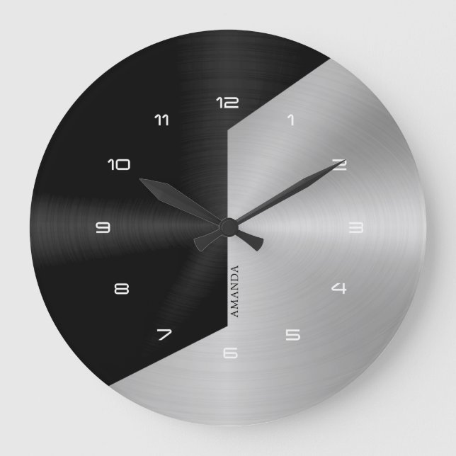 Schwarz & Silber Modernes geometrisches Design 2 Große Wanduhr (Vorderseite)