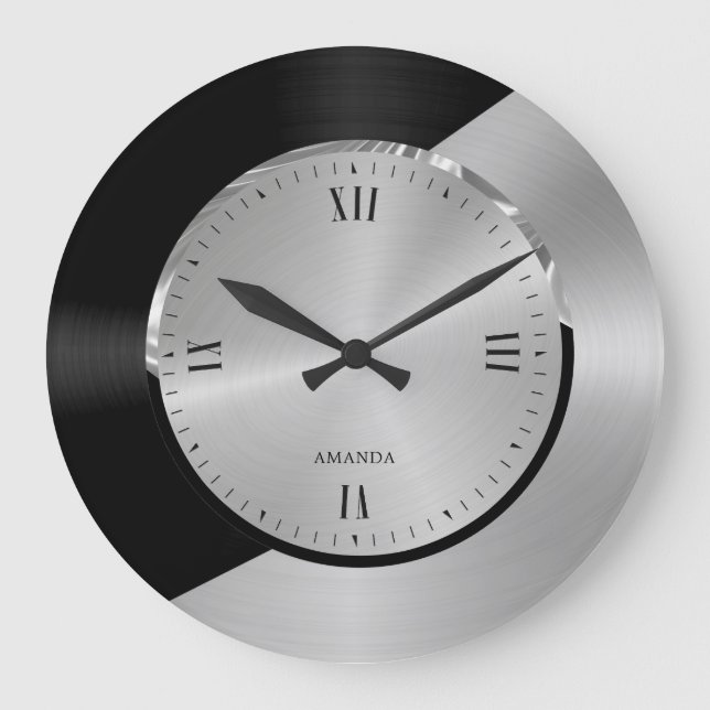 Schwarz & Silber Modernes geometrisches Design Große Wanduhr (Vorderseite)