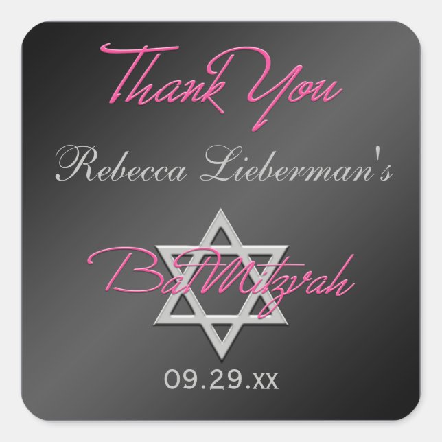 Schwarz, Silber, Rosa 1,5"². Bat Mitzvah Sticker (Vorderseite)
