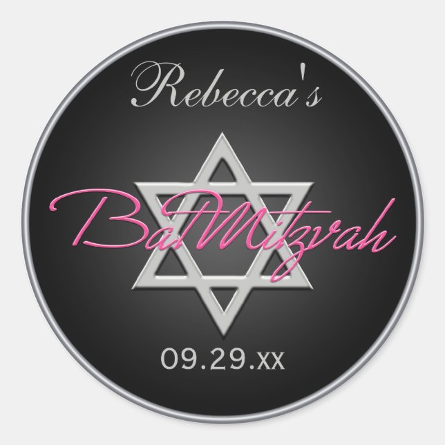Schwarz, Silber, Rosa, 1,5" Bat Mitzvah Sticker (Vorderseite)
