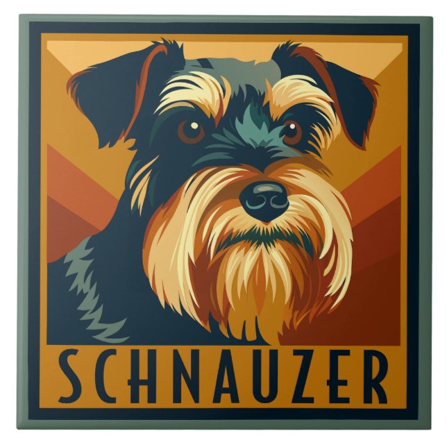 Schwarz-Silber-Schnauzer-Retro-Portrait Fliese (Vorderseite)