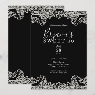 Schwarz & Silber Spitze Elegante Sweet 16 Party Einladung