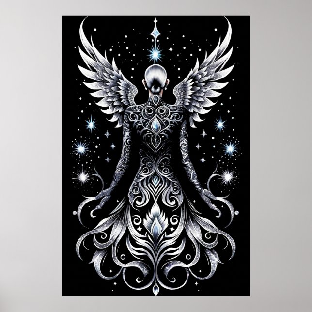 Schwarz-Silber-Tattoo-Engel Poster (Vorne)