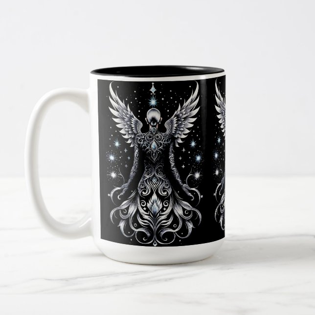 Schwarz-Silber-Tattoo-Engel Zweifarbige Tasse (Links)