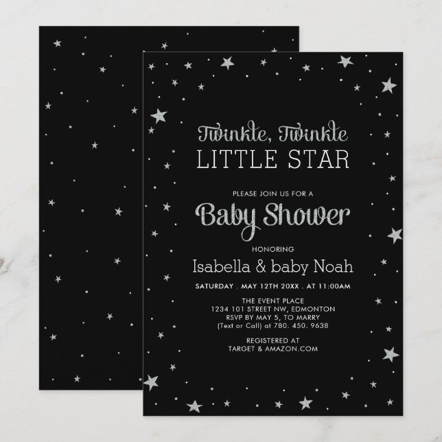 Schwarz & Silber | Twinkle Little Star Baby Dusche Einladung (Vorne/Hinten)