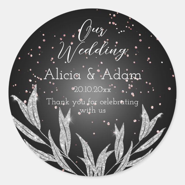 Schwarz, Silber und Rose Gold Glitzer Hochzeit Runder Aufkleber (Vorderseite)