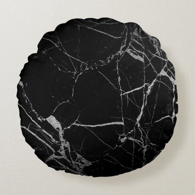 Schwarz-Silber-Venenmarmor Rundes Kissen (Vorderseite)