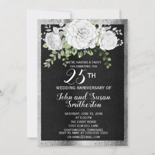 Schwarz Silber Weiß Blumen 25. Hochzeitstag Einladung
