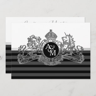 Schwarz-Silber-Weiß-Löwe-Einhorn-Emblem Hochzeit Einladung