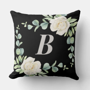 Schwarz, Silber, weißes, florales Monogramm Kissen