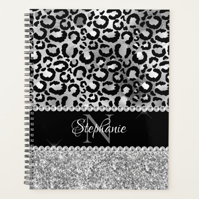 Schwarz-Silberleopard-Girly-Glam-Monogramm Planer (Vorderseite)