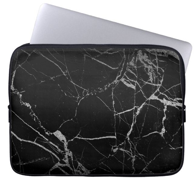 Schwarz-silberne Marmorader Laptopschutzhülle (Vorderseite)