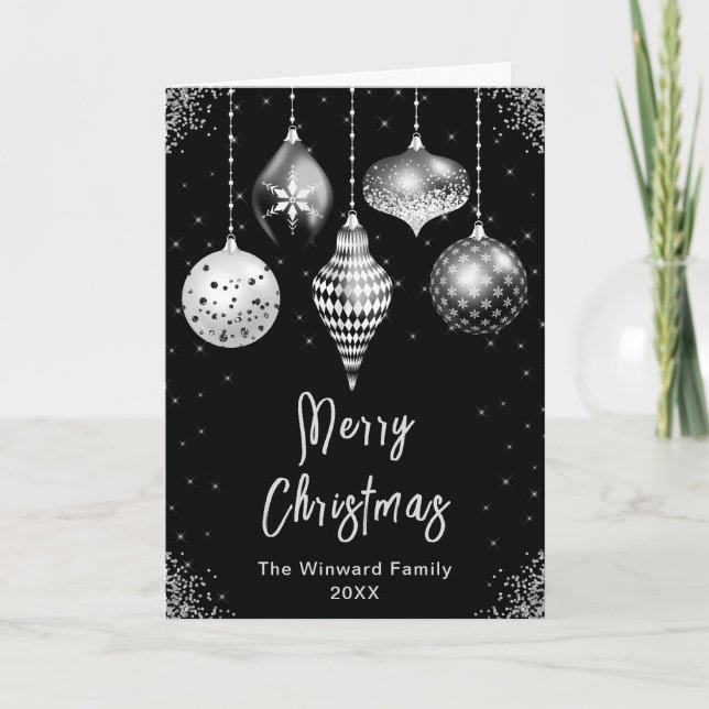 Schwarz-silberne Ornamente Frohe Weihnachten (Vorderseite)