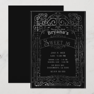 Schwarz-silberne Vintage-Victorian-Deko-Süße-16 Einladung