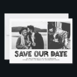 Schwarz-Skandinavien Typografie FotoCollage Save The Date<br><div class="desc">Schwarz-Weiß-Skandinavien Typografie-Collage Save the Date Karte | Verkünden Sie Ihr Hochzeitstag mit dieser anpassbaren Foto Save the Date Karte. Es zeigt schwarze skandinavische Typografie und Streifen Muster. Personalisiert durch zwei Ihrer Lieblings-Fotos. Sie können die Rückseite noch weiter personalisieren, indem Sie zusätzliche Details hinzufügen oder das hintere Muster in ein beliebiges...</div>