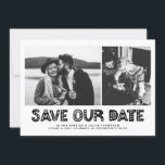Schwarz-Skandinavien Typografie FotoCollage Save The Date<br><div class="desc">Schwarz-Weiß-Skandinavien Typografie-Collage Save the Date Karte | Verkünden Sie Ihr Hochzeitstag mit dieser anpassbaren Foto Save the Date Karte. Es zeigt schwarze skandinavische Typografie und Streifen Muster. Personalisiert durch zwei Ihrer Lieblings-Fotos. Sie können die Rückseite noch weiter personalisieren, indem Sie zusätzliche Details hinzufügen oder das hintere Muster in ein beliebiges...</div>
