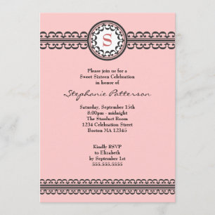 Schwarz-Spitzen-Pink Monogramm Sweet 16 Einladung