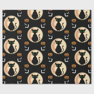 Schwarz Spooky Katze grüne Augen mit Mond Hallowee Geschenkpapier