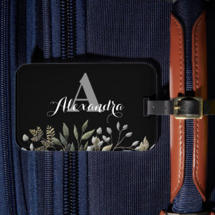 Schwarz Stilvolle Mit Monogramm Botanische Gepäckm Gepäckanhänger
