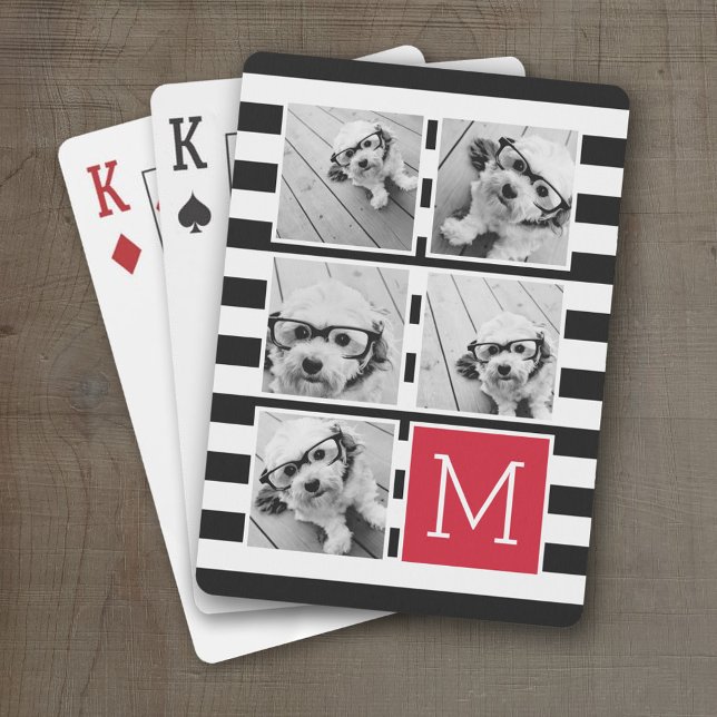 Schwarz-Streifen FotoCollage Custom Monogram Spielkarten (Personalized Playing Cards)