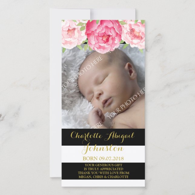 Schwarz-Streifen-rosa Blumen danken Ihnen Dankeskarte (Vorderseite)