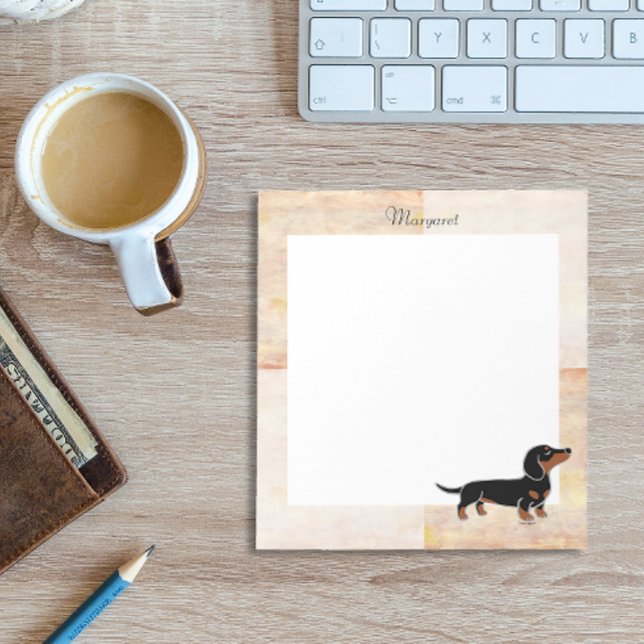 Schwarz-Tan-Dackel Notizblock (Black and Tan Smooth Hair Dachshund Posing Notepad featuring cheeky Dachshund.  Cute Cartoon Design.)