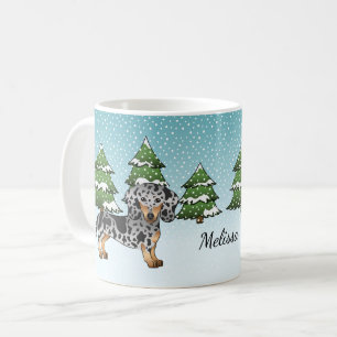 Schwarz & Tan Dapple Kurzhaar-Dachshund im Winter Kaffeetasse