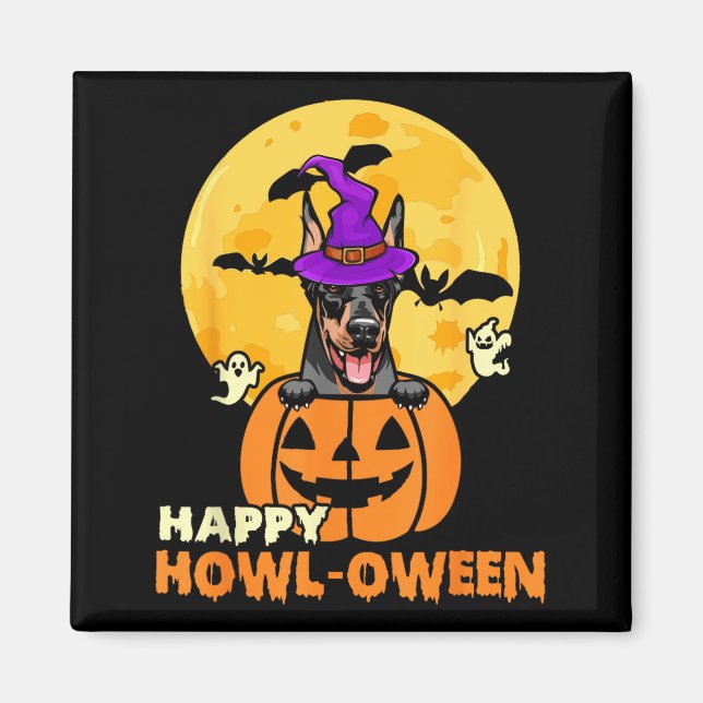 Schwarz-Tan-Dobermann-Hexenhund Frohes Halloween Magnet (Vorne)