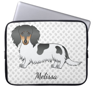 Schwarz-Tan-Piebald Langhaar-Dackel & Name Laptopschutzhülle