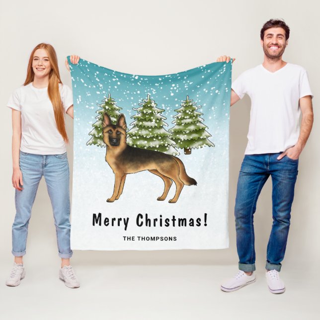 Schwarz-Tan-Schäfer Hund Winterwald Fleecedecke (Beispiel)