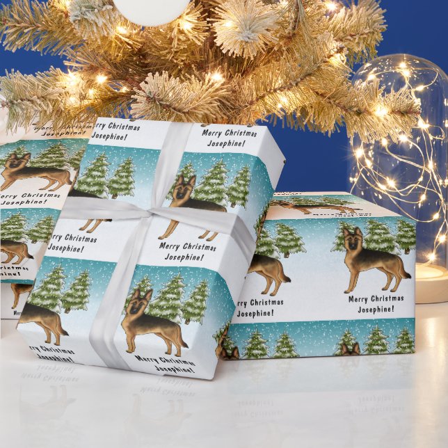 Schwarz-Tan-Schäfer Hund Winterwald Geschenkpapier (Feiertage)