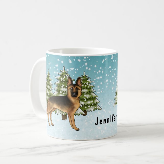 Schwarz-Tan-Schäfer Hund Winterwald Kaffeetasse (Vorderseite Links)