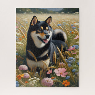 Schwarz-Tan-Shiba-Inu-Wildblumen-Feld Puzzle