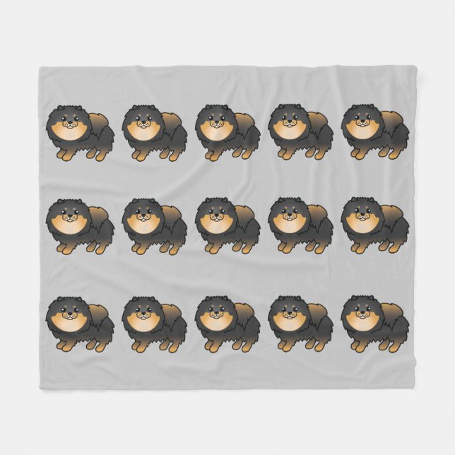 Schwarz-Tan-Spitz-Hunde-Muster auf Grau Fleecedecke (Vorderseite (Horizontal))