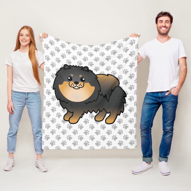 Schwarz-Tan-Spitz Niedlich Cartoon Dog & Paws Fleecedecke (Beispiel)