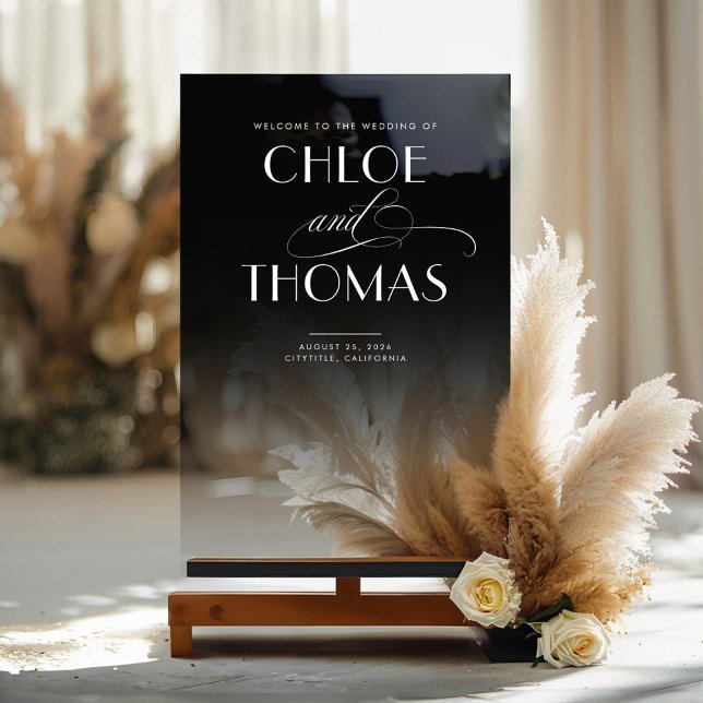 Schwarz Top Transparente unterste schicke Hochzeit Acrylschild (Smokey Black Modern Wedding Welcome Sign)